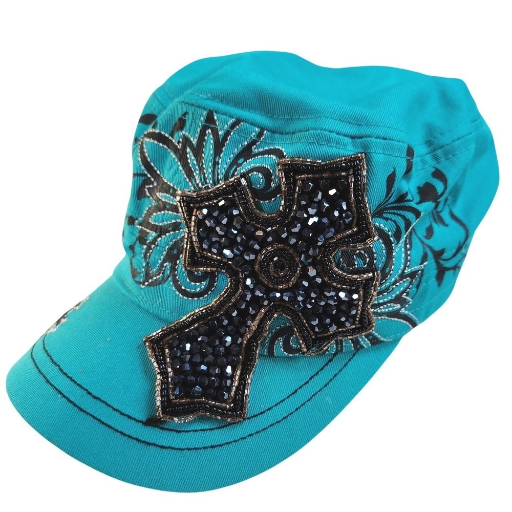 SHOWMAN COUTURE Rhinestone‎ Cross Cadet Cap Hat Ed Hardy Blue Military Y2K